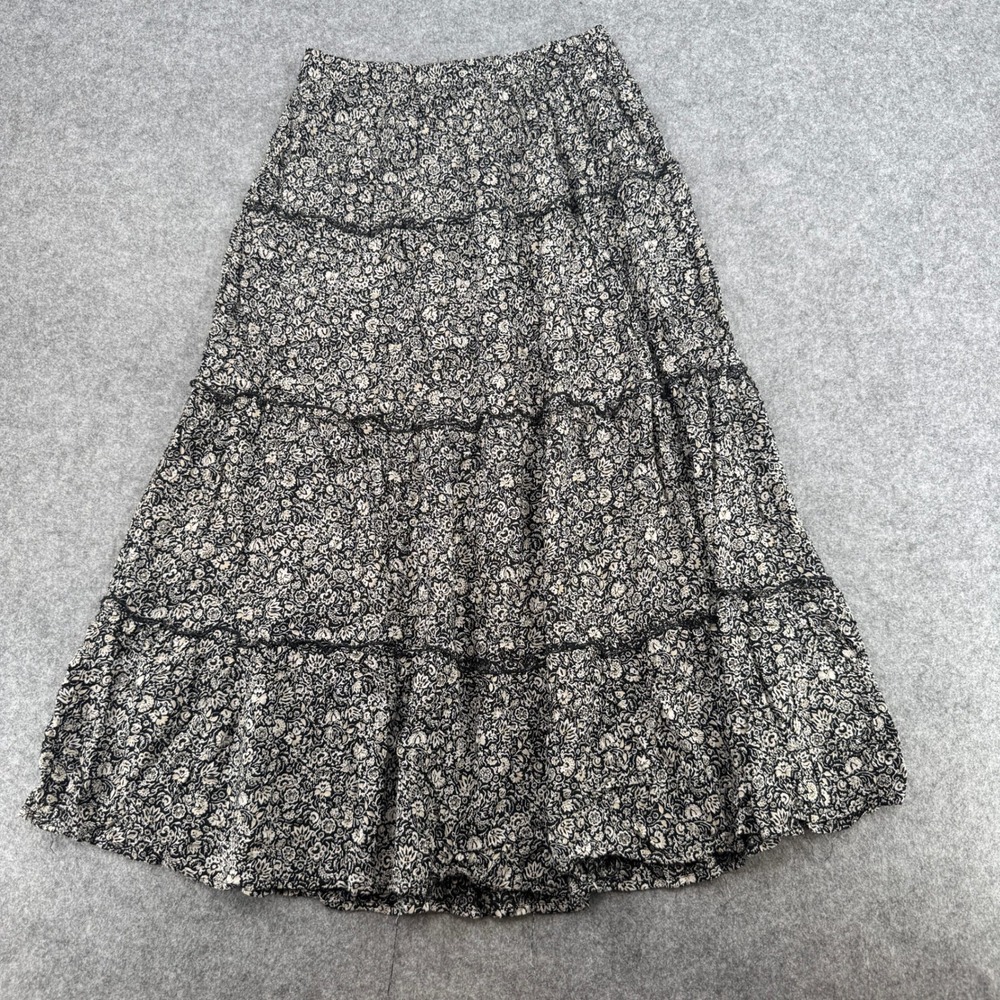 Joyous Skirt Womens Medium Black Floral Tiered Lace Trim Elastic Waist EUC